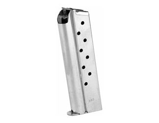 Ed Brown Magazine, 38 Super, 9 Rounds, Fits 1911, Includes 1 Thick and 1 Thin Base Pad, Stainless, Silver