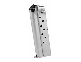 Ed Brown Magazine, 9MM, 9 Rounds, Fits 1911, Includes 1 Thick and 1 Thin Base Pad, Stainless, Silver