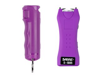 Sabre Stun Gun and Pepper Spray Package, Purple Color, Stun Gun w/ Built-in 120 Lumen Flashlight, Flip top Pepper Spray