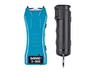 Sabre Stun Gun and Pepper Spray Package, Turquoise Color Stun Gun w/ Built-in Flashlight, Black Color Flip Top Pepper Spray