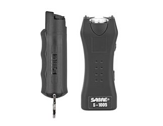 Sabre Stun Gun and Pepper Spray Package, Black Color, Stun Gun w/ Built-In 120 Lumen Flashlight, Twist Top Pepper Spray