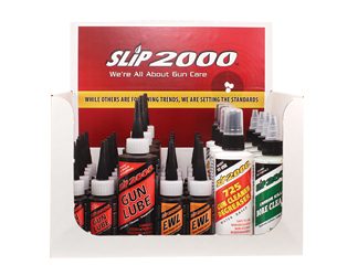 Slip 2000 36 Piece Counter Display, 12 Units #60001 1oz. Gun Lube, 4 Units #60006 4oz. Gun Lube, 12 Units #60317 1oz. EWL, 4 Units #60200 4oz. 725 Gun Cleaner/Degreaser, 4 Units #60104 4oz. Carbon Killer Bore Cleaner